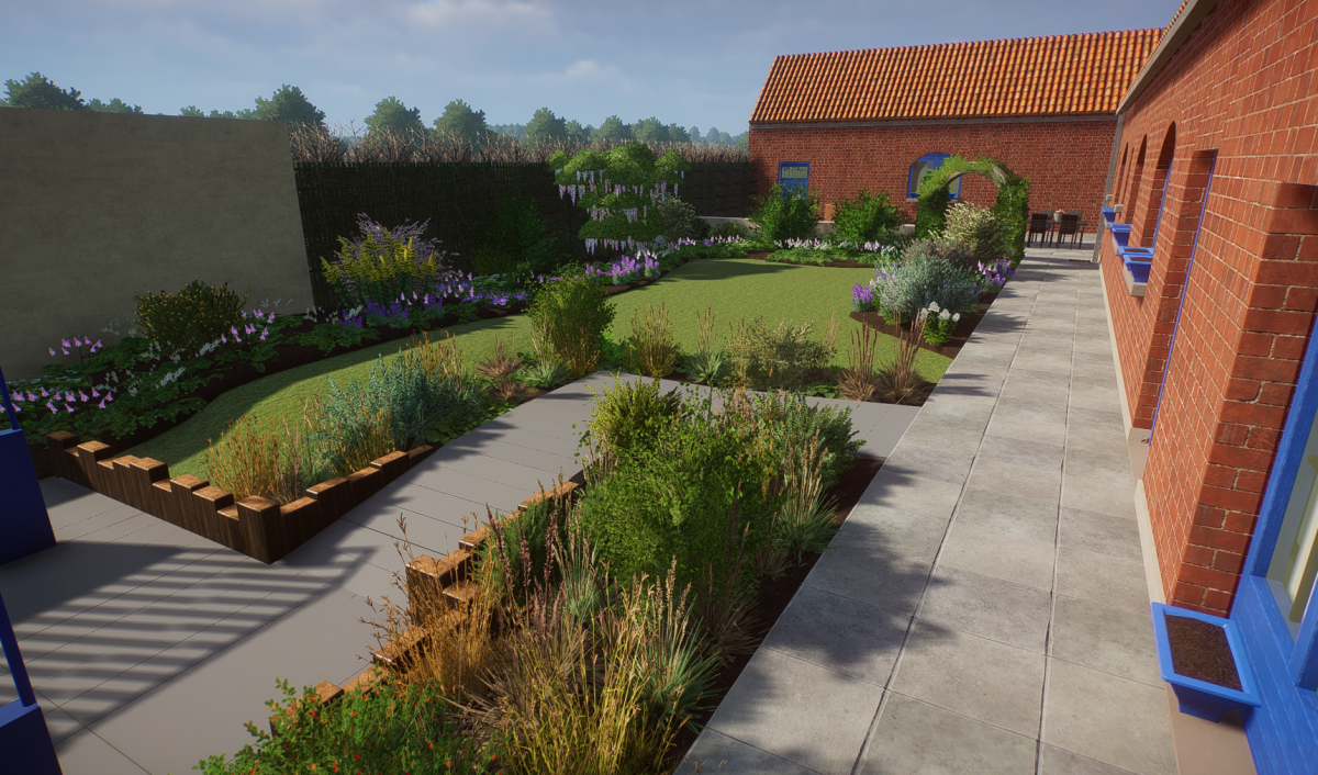 Vue d’ensemble 3D de la cour de fermette aménagée à Beuvry-la-Forêt, avec terrasse, banc sur mesure et jardin paysager évolutif